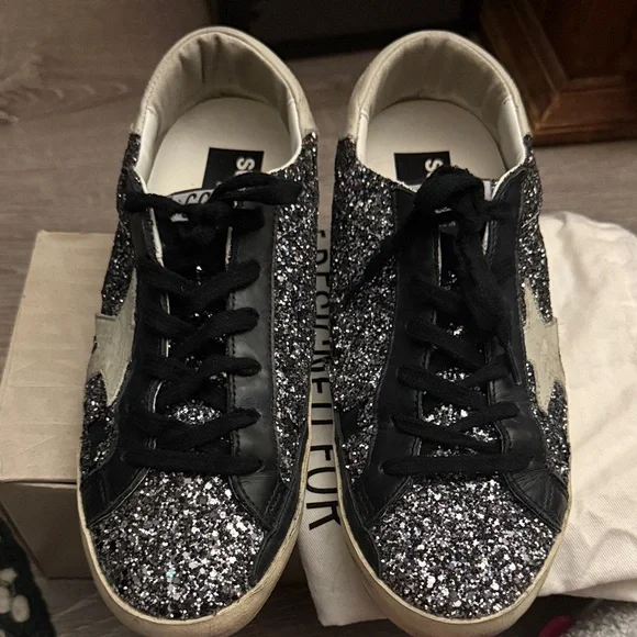 Golden Goose Deluxe Brand Super-Star Sneakers Black Silver Glitter Size 10 - Picture 2 of 12